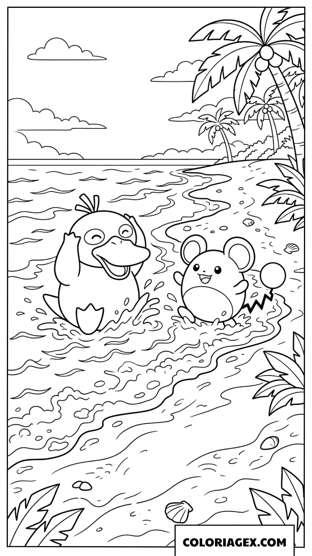 Coloriage de Psyduck et Marill jouant sur la plage