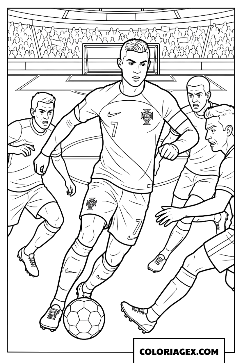 Coloriage de Ronaldo Portugal dribblant à travers les défenseurs