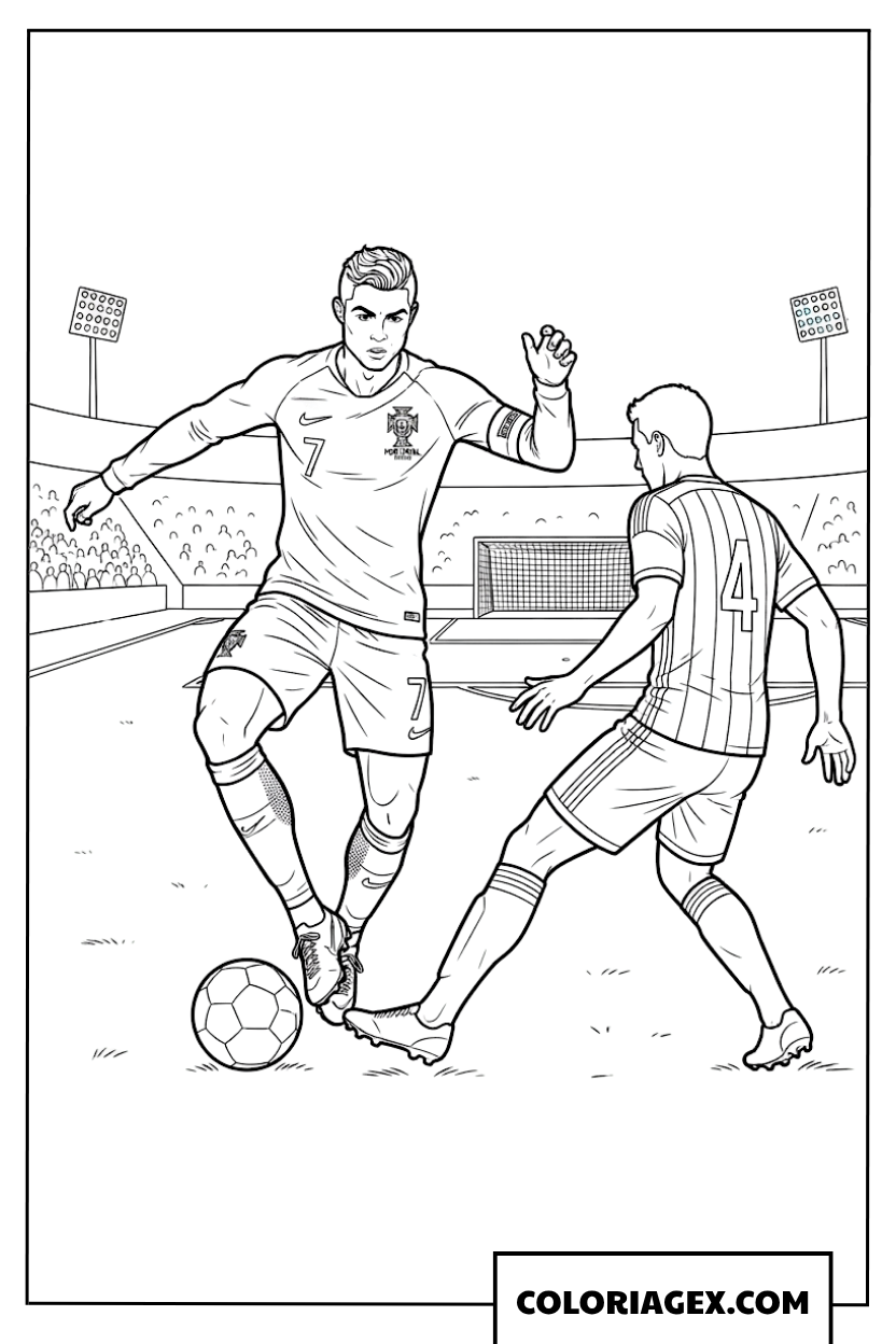 Coloriage de Ronaldo Portugal effectuant un passement de jambes