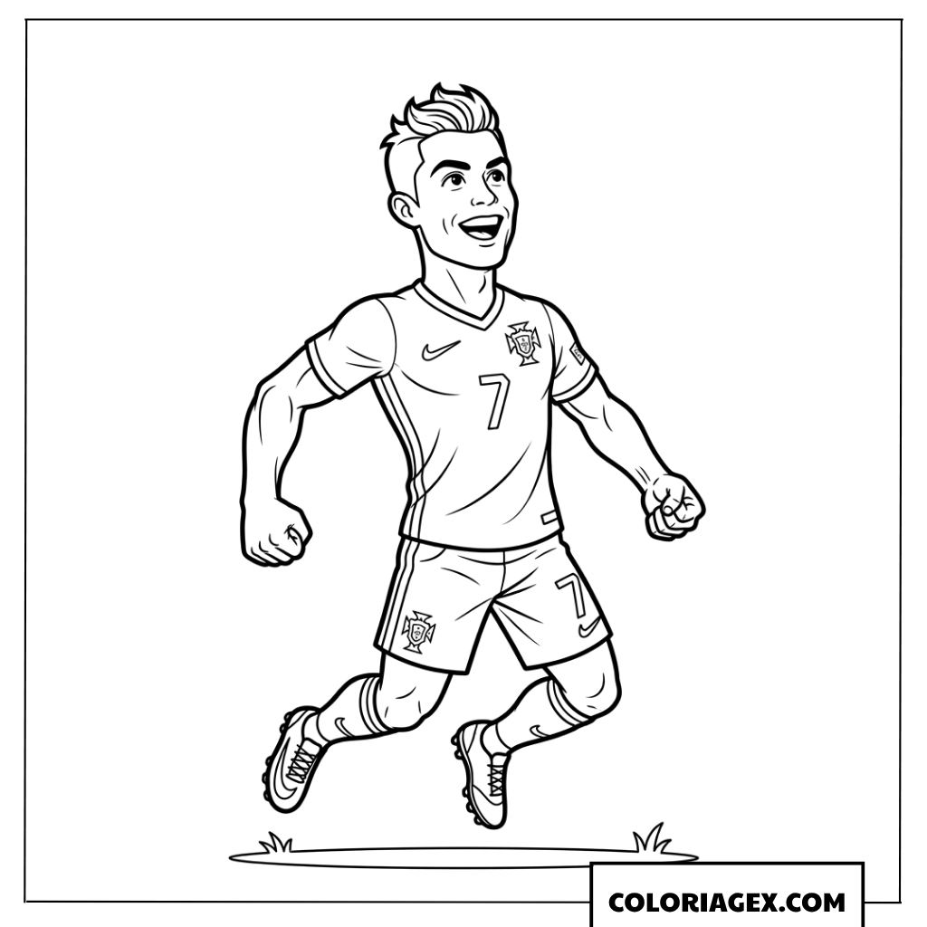 Coloriage de Ronaldo Portugal en version cartoon sautant en l'air