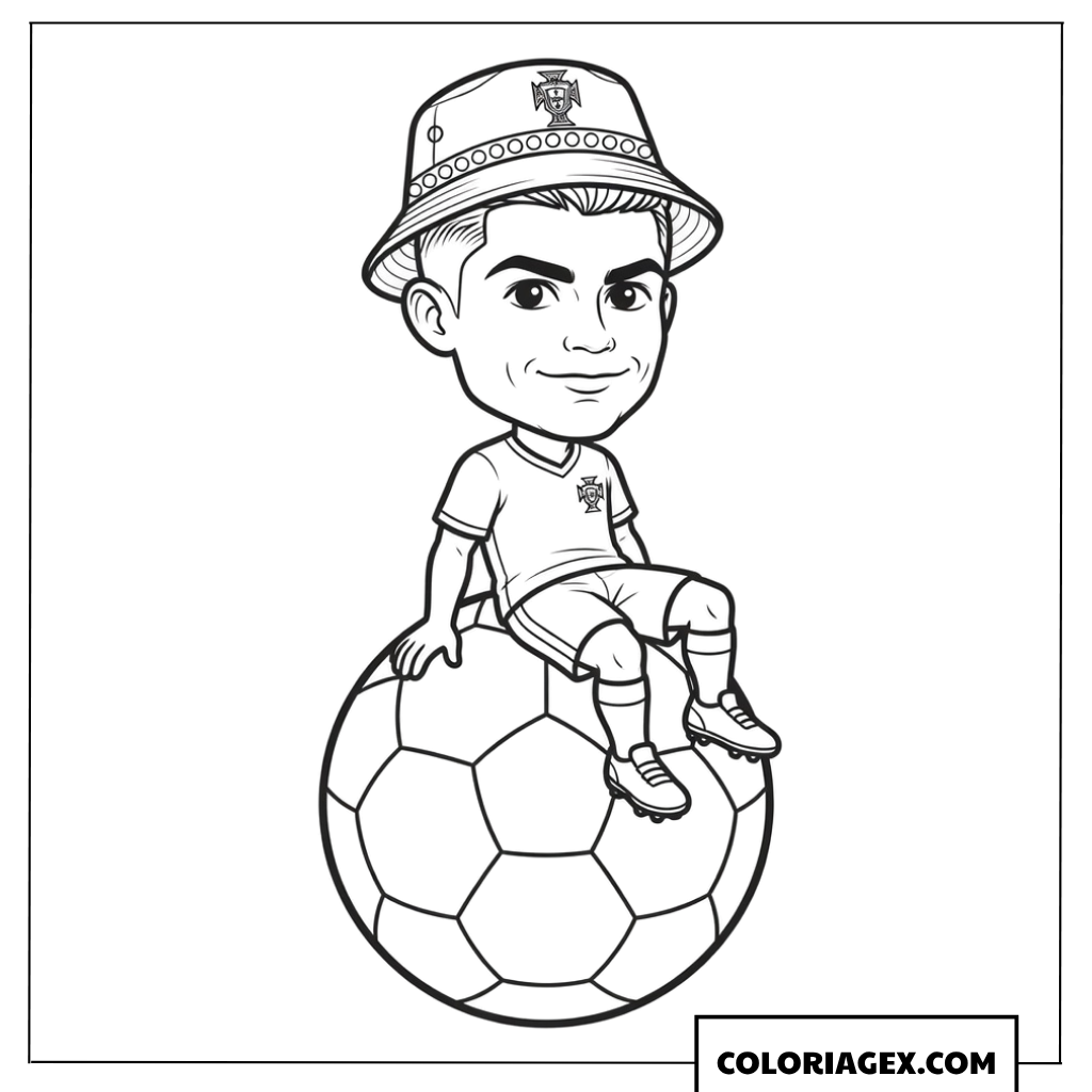 Coloriage de Ronaldo Portugal version cartoon assis sur un ballon
