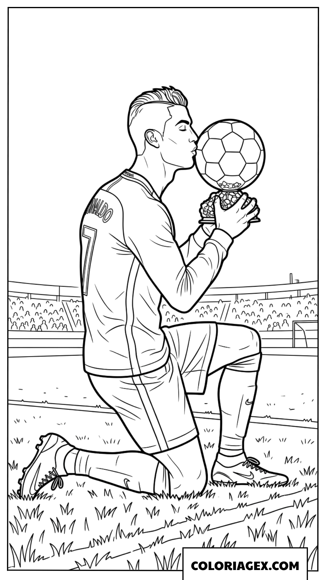 Coloriage de Ronaldo à genoux sur le terrain embrassant le Ballon dOr