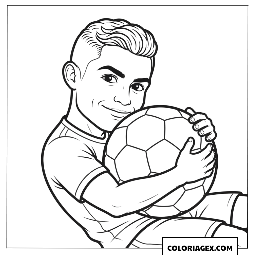Coloriage de Ronaldo cartoon serrant le ballon dans ses bras