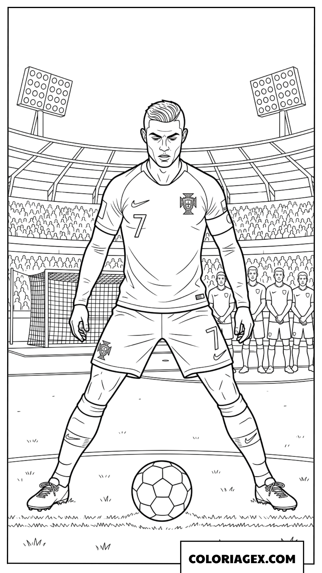 Coloriage de Ronaldo debout devant le ballon sur le terrain