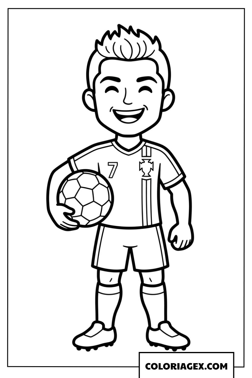 Coloriage de Ronaldo debout tenant un ballon de football