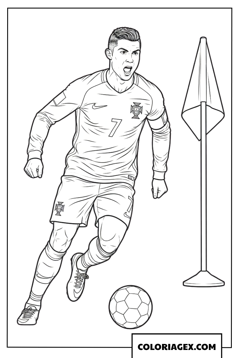 Coloriage de Ronaldo dribblant sur le terrain