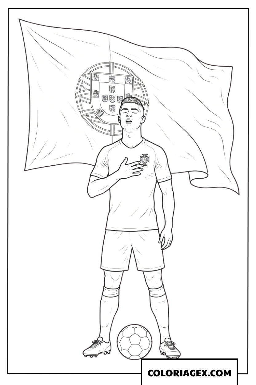 Coloriage de Ronaldo la main sur le cœur devant le drapeau