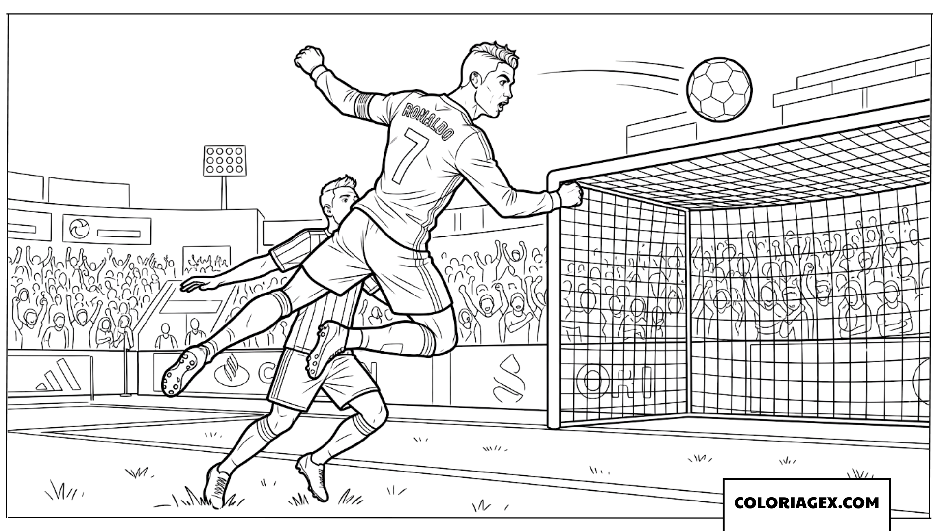 Coloriage de Ronaldo sautant haut pour marquer de la tête