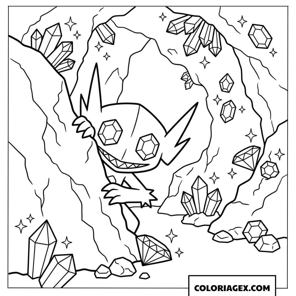Coloriage de Sableye explorant une grotte de cristaux