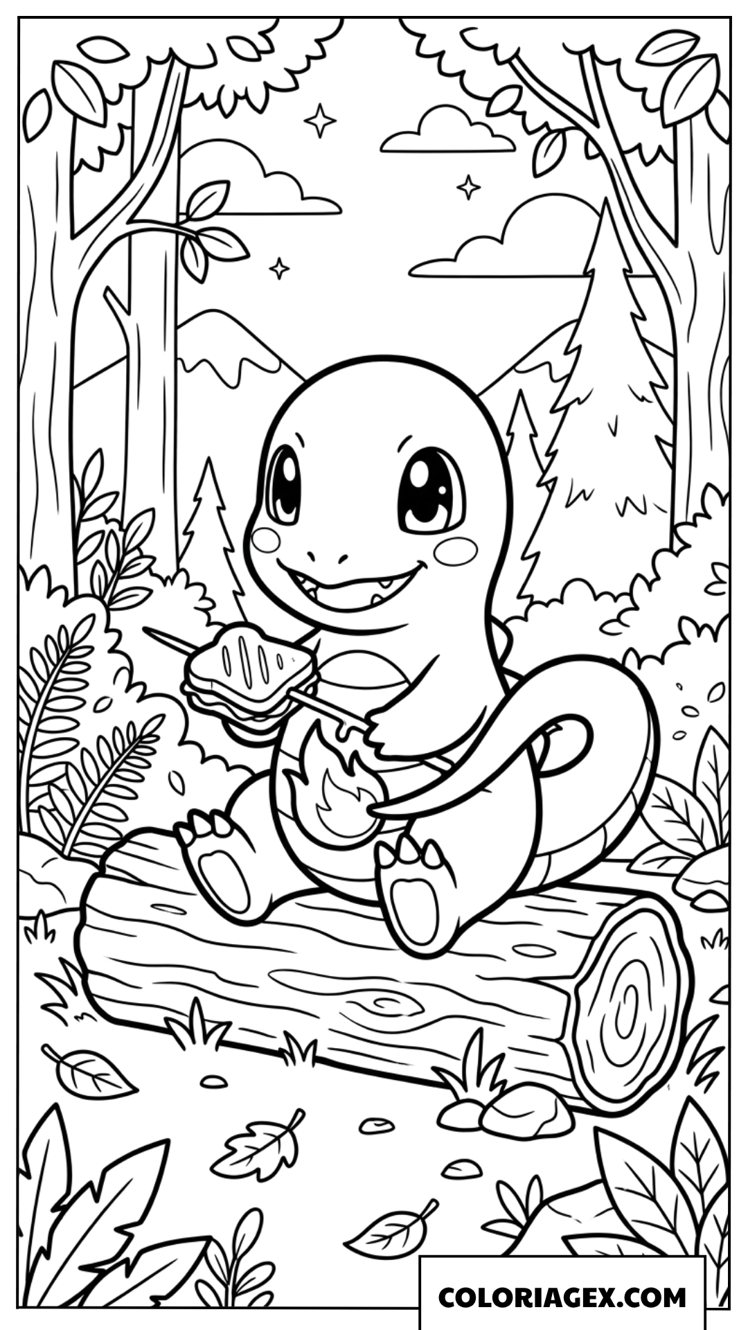 Coloriage de Salamèche qui fait griller son repas