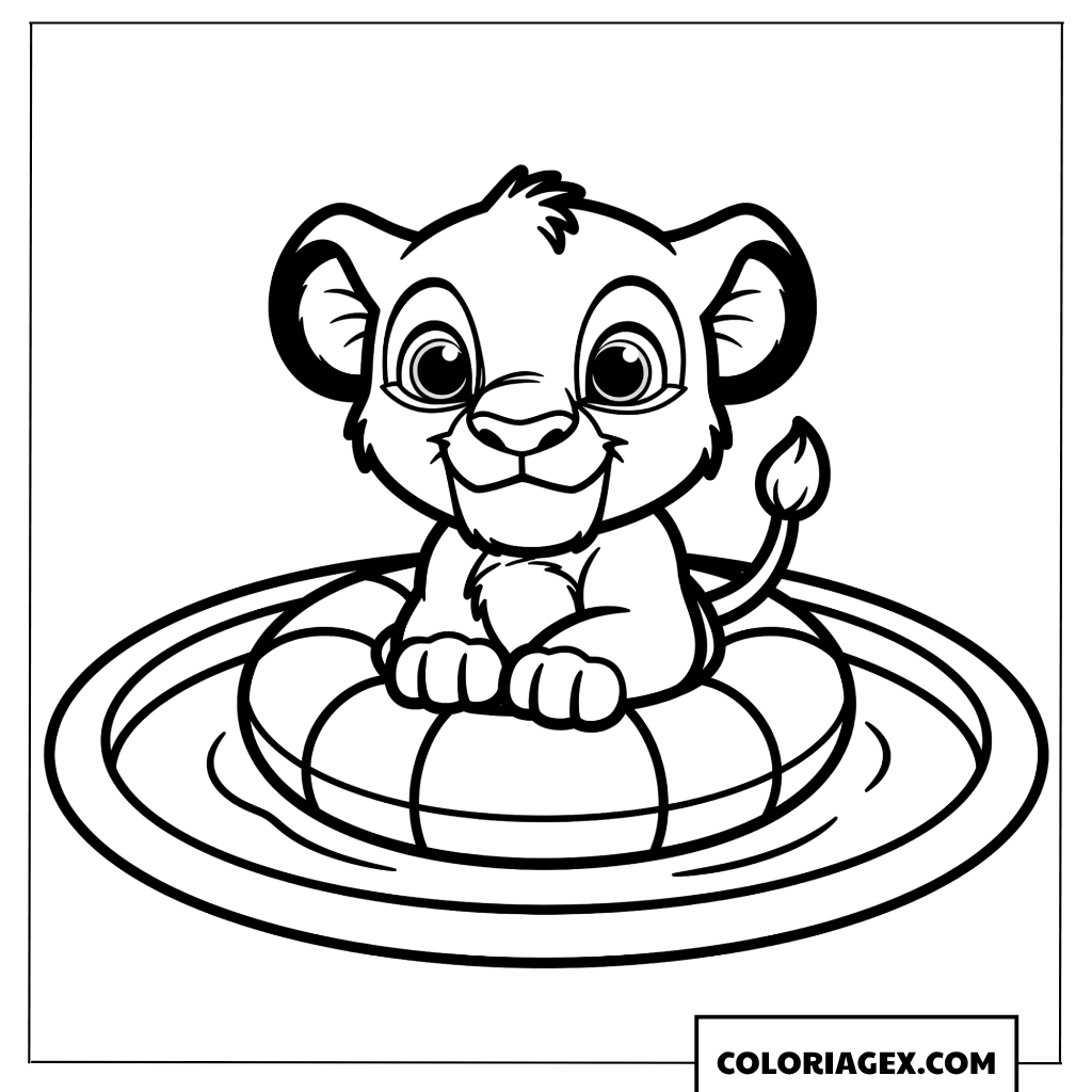 Coloriage de Simba en version chibi assis sur une bouée de piscine en été.