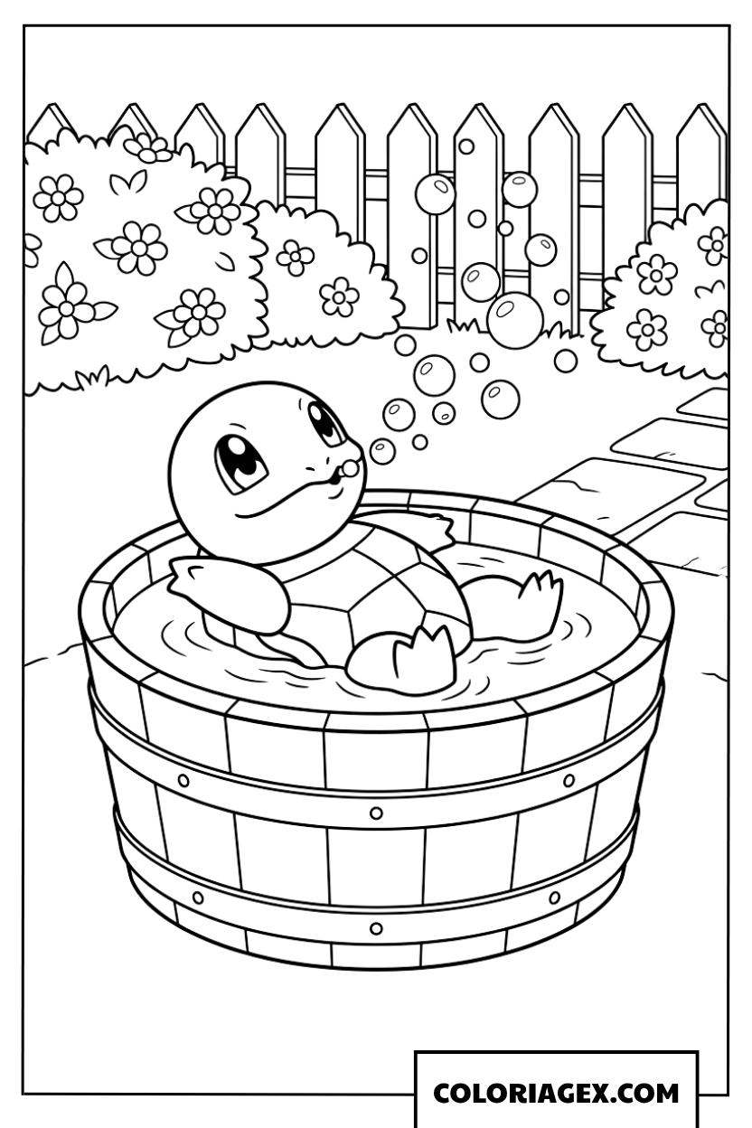 Coloriage de Squirtle faisant des bulles dans son bain
