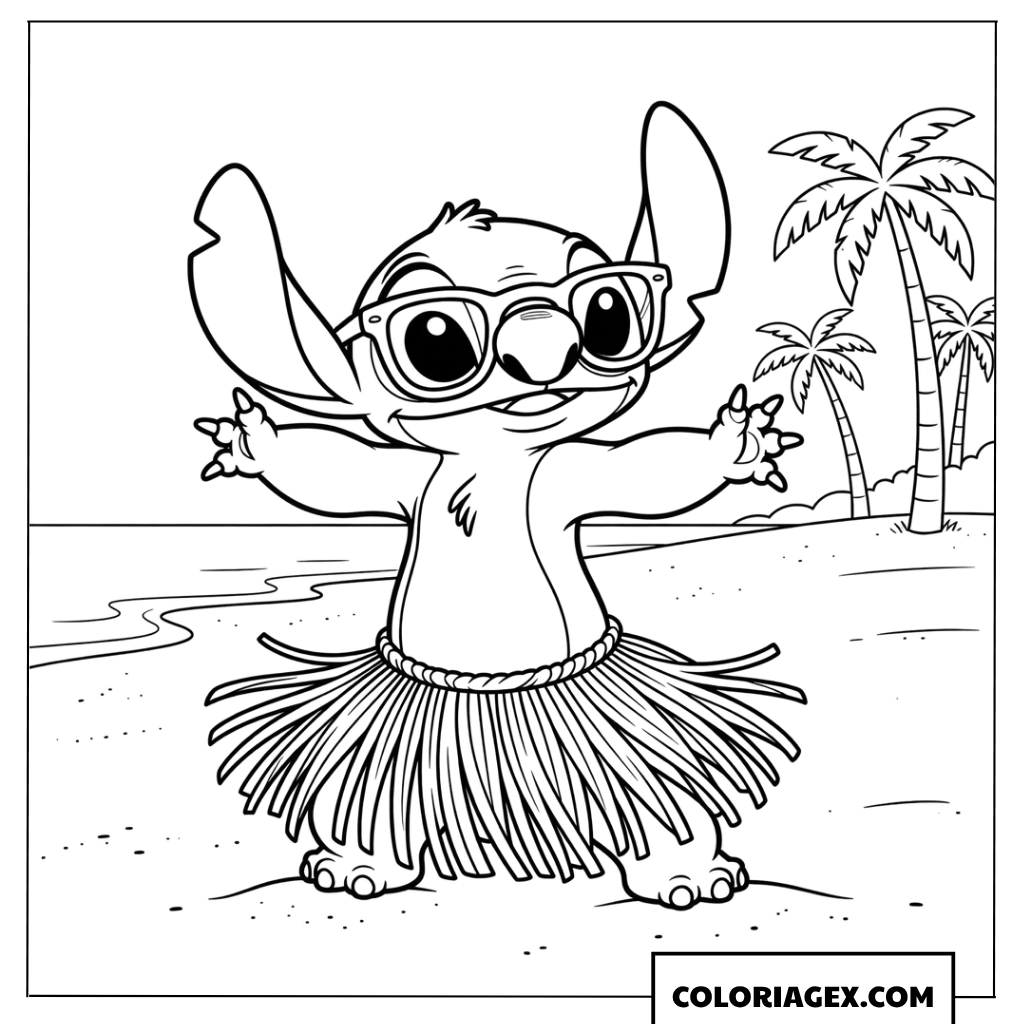 Coloriage de Stitch dansant le hula en jupe sur la plage