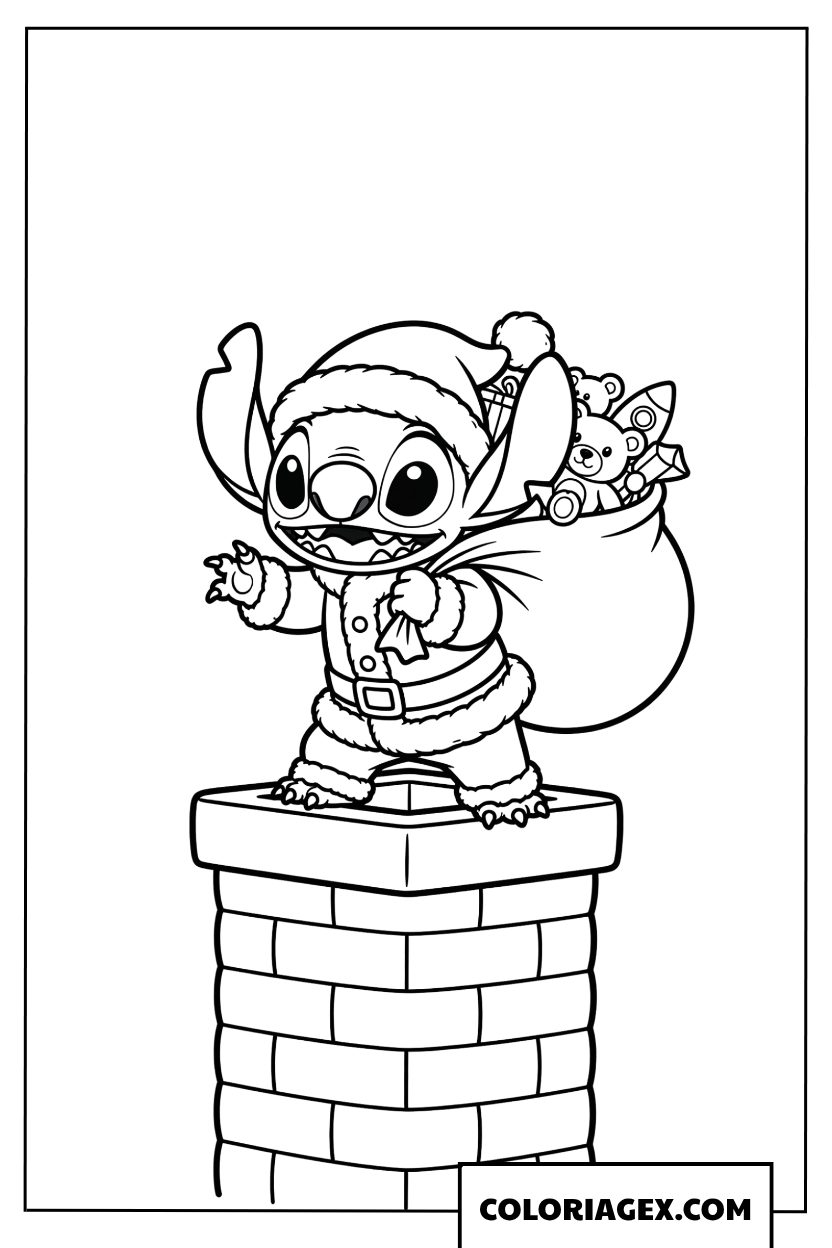 Coloriage de Stitch en Pere Noel sur une cheminee