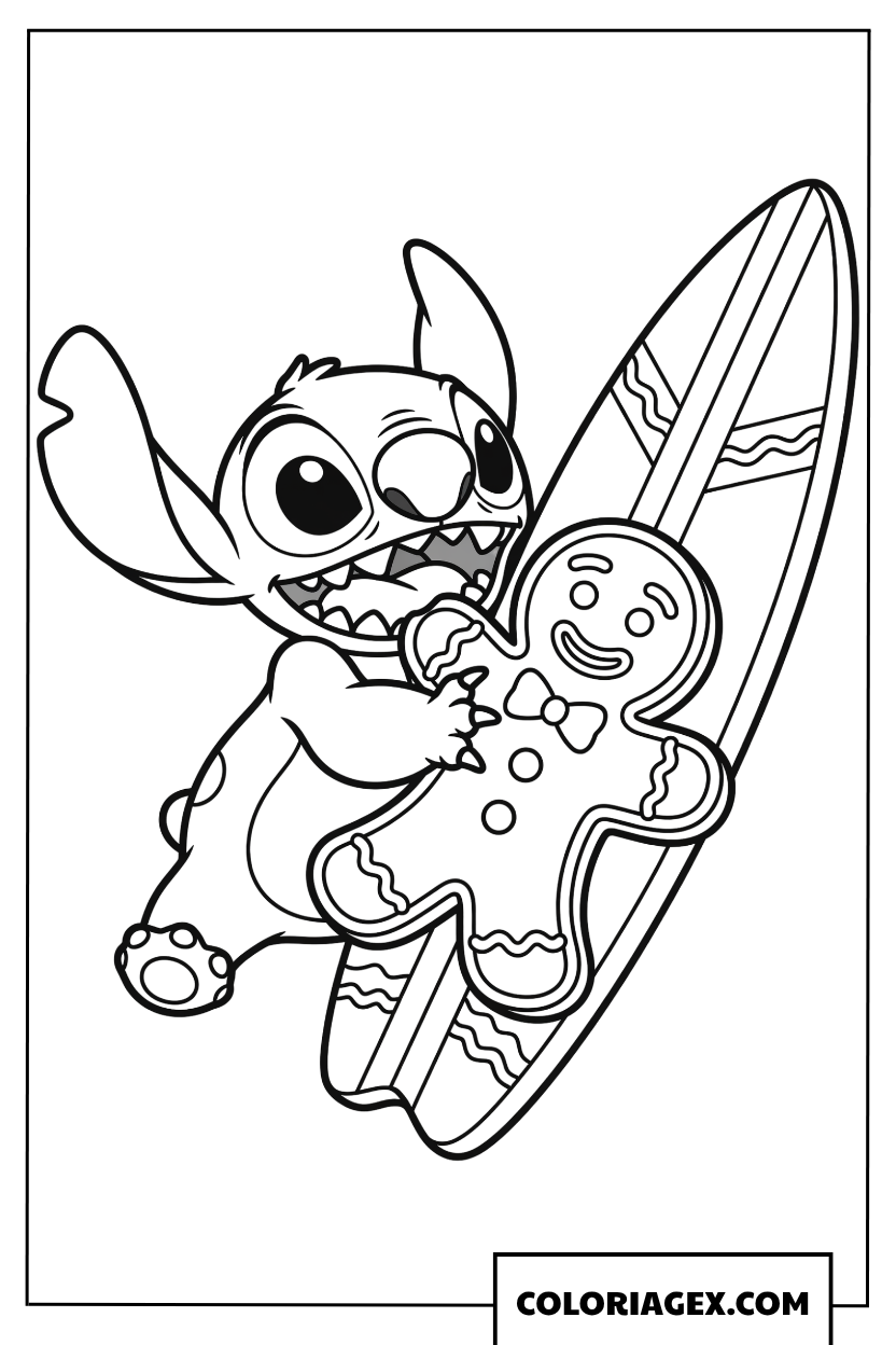 Coloriage de Stitch faisant du surf avec un bonhomme de pain d epice