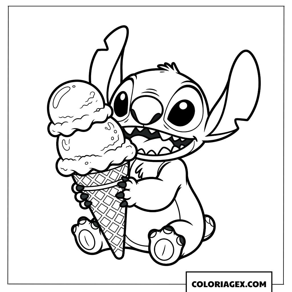 Coloriage de Stitch mignon tenant une grande glace a deux boules