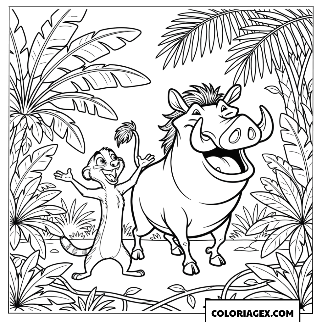 Coloriage de Timon et Pumbaa joyeux au milieu de la jungle