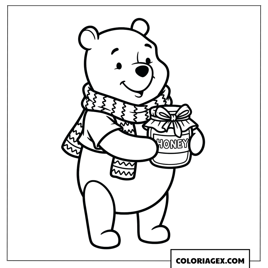 Coloriage de Winnie l ourson avec son pot de miel de Noel