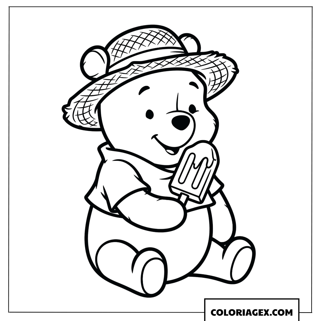 Coloriage de Winnie l'Ourson savourant une glace à l'eau avec joie pendant une chaude journée d'été.