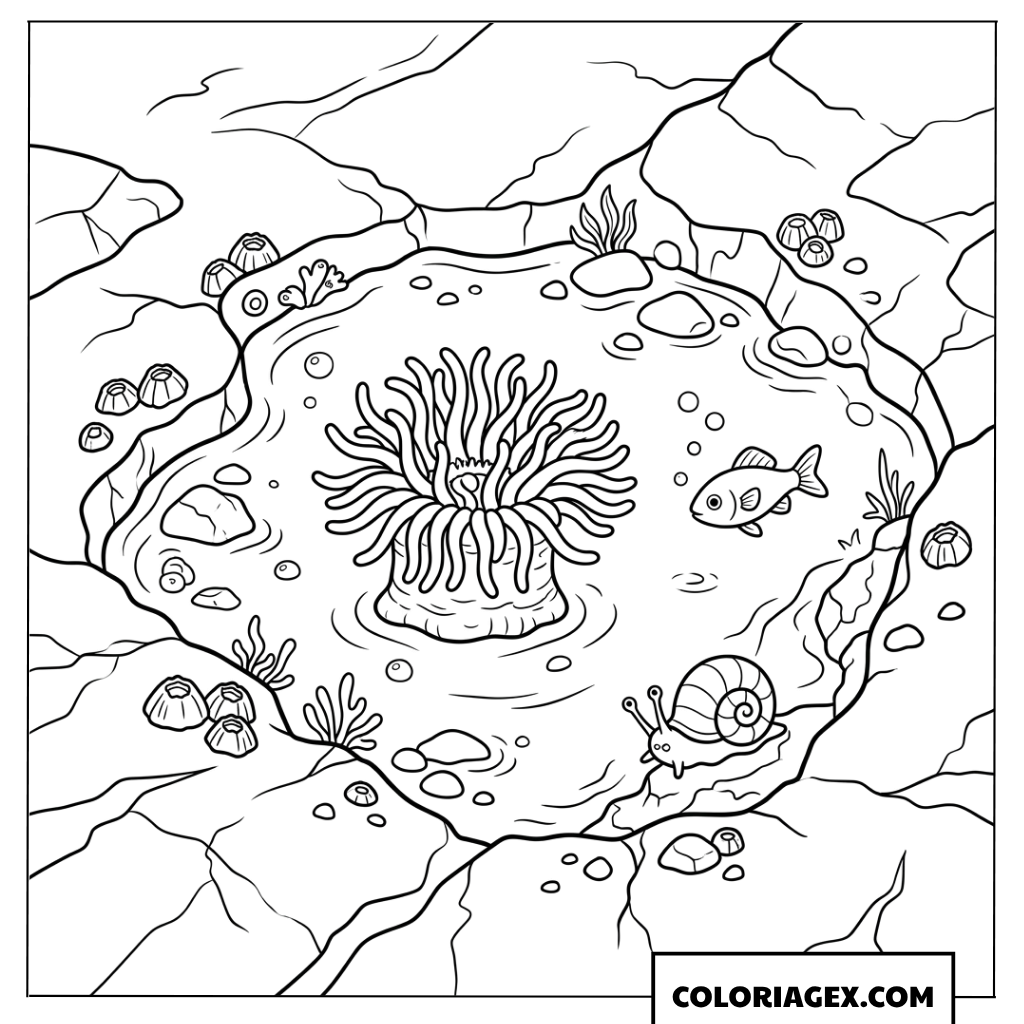 Coloriage de bassin marin avec anemone et petits poissons