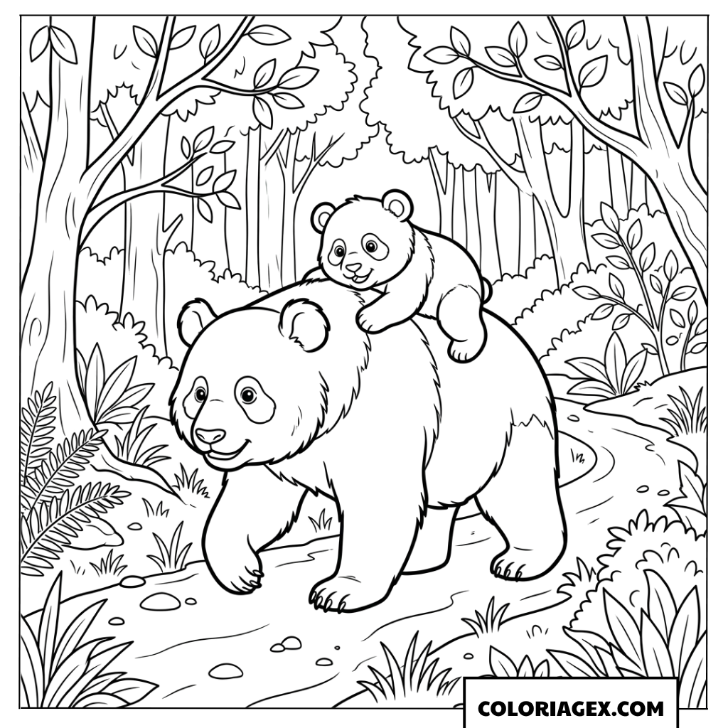 Coloriage de bebe panda sur le dos de sa maman en foret