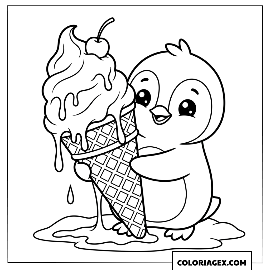 Coloriage de bébé pingouin avec une glace géante