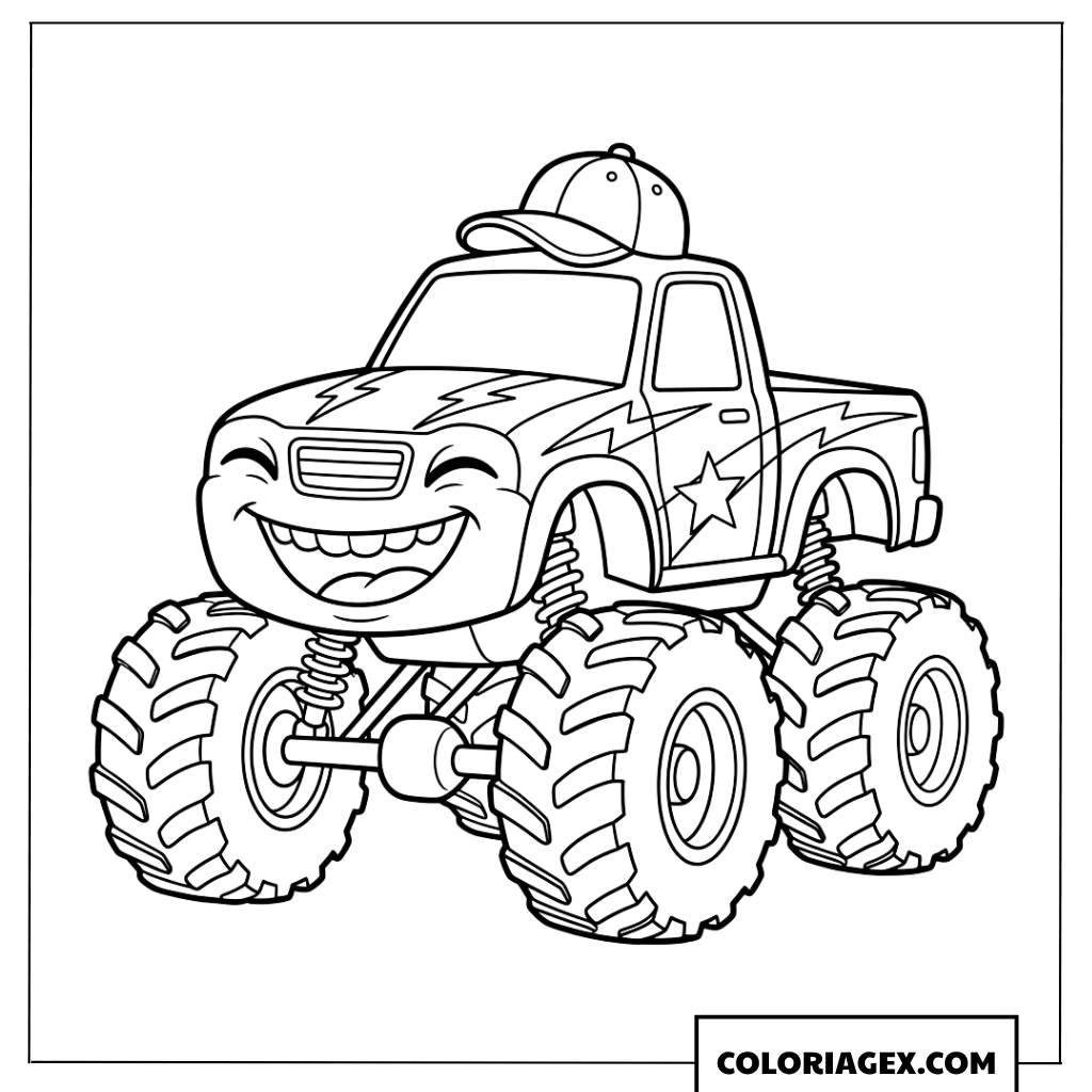 Coloriage de camion monstre de dessin animé avec une casquette drôle