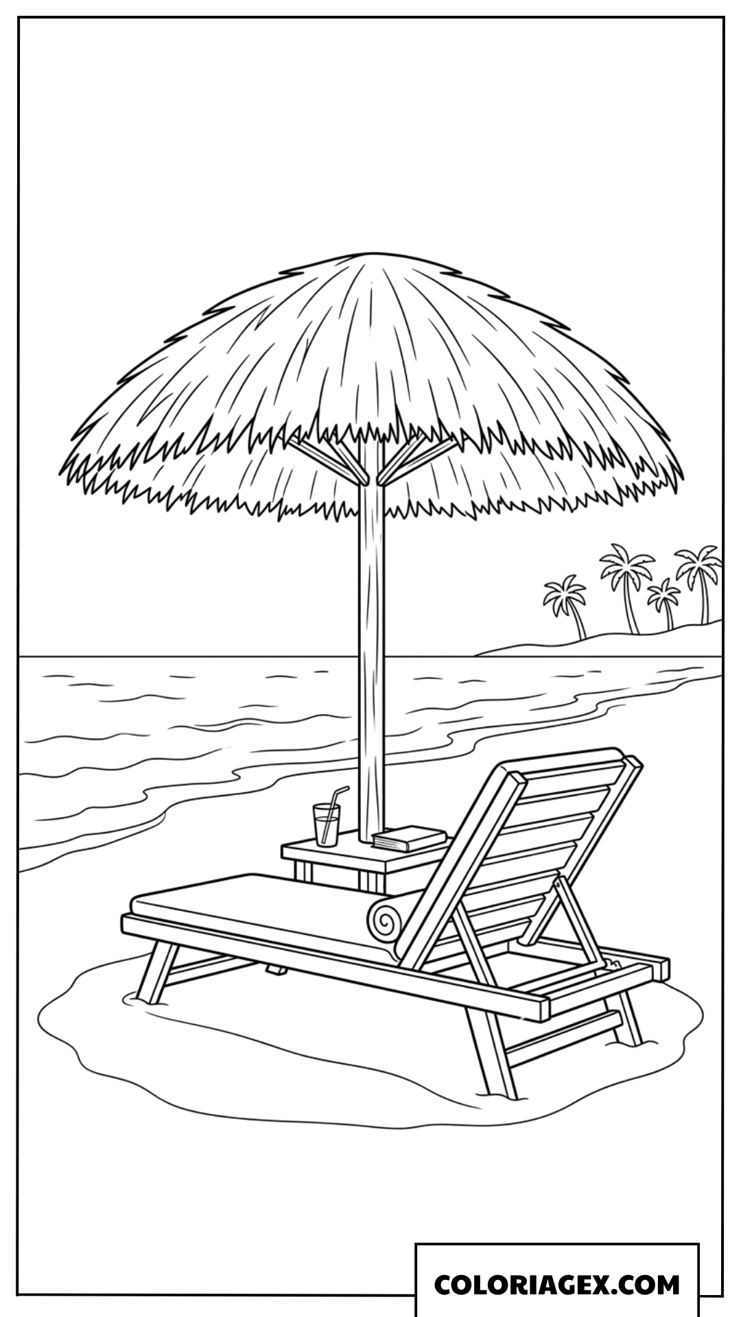 Coloriage de chaise longue en bois sous un parasol sur la plage