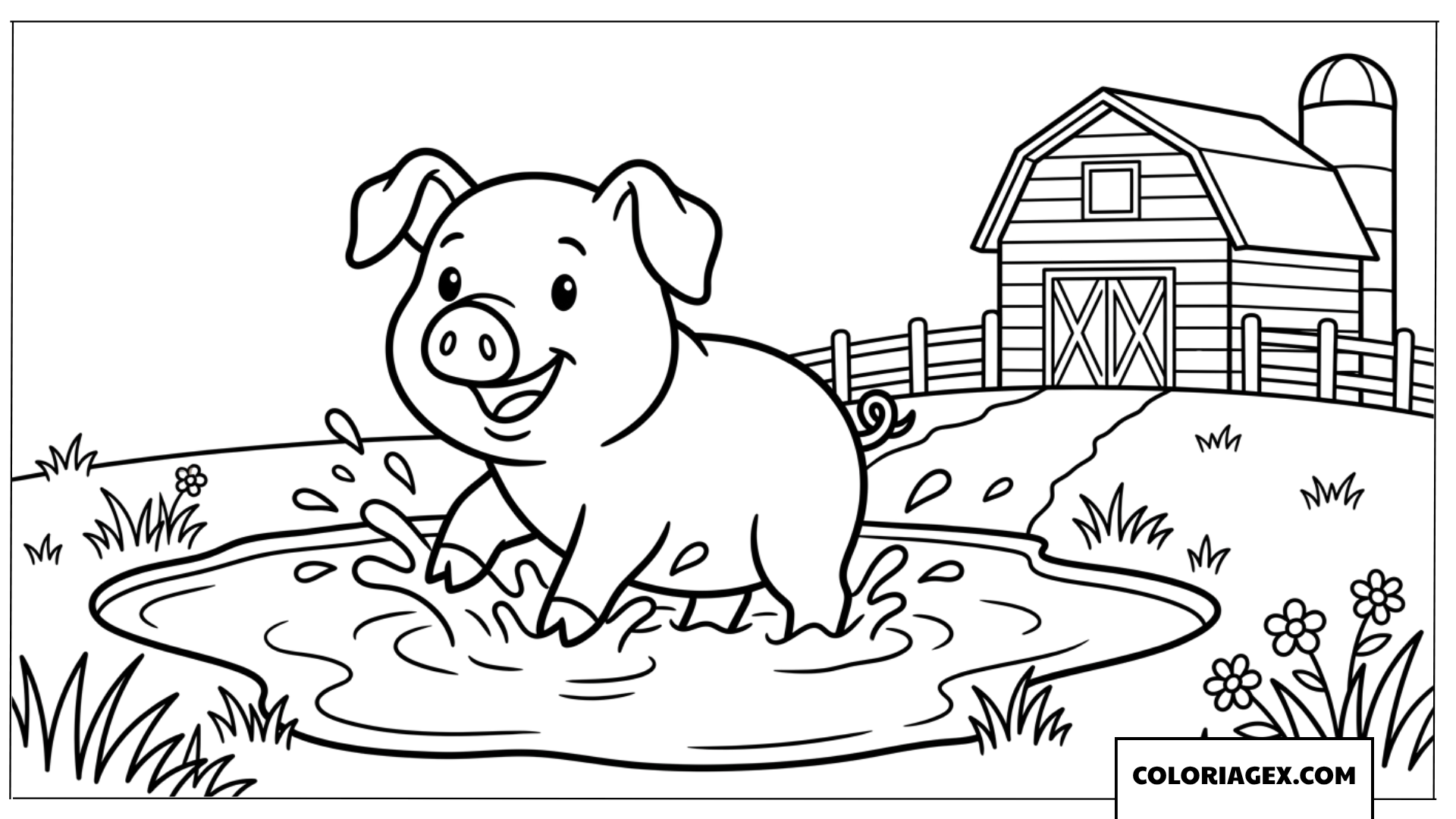 Coloriage de cochon joyeux jouant dans la boue
