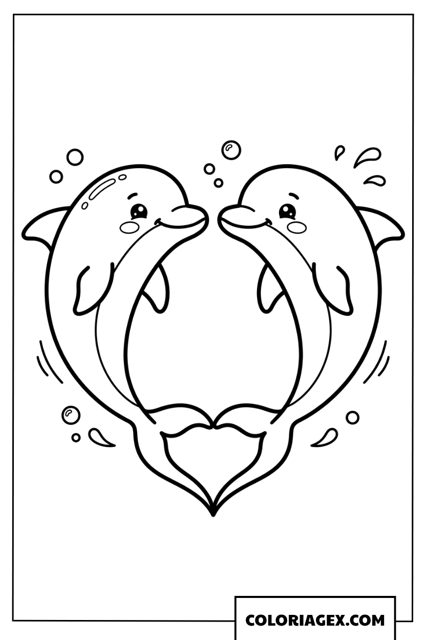 Coloriage de deux dauphins en forme de coeur