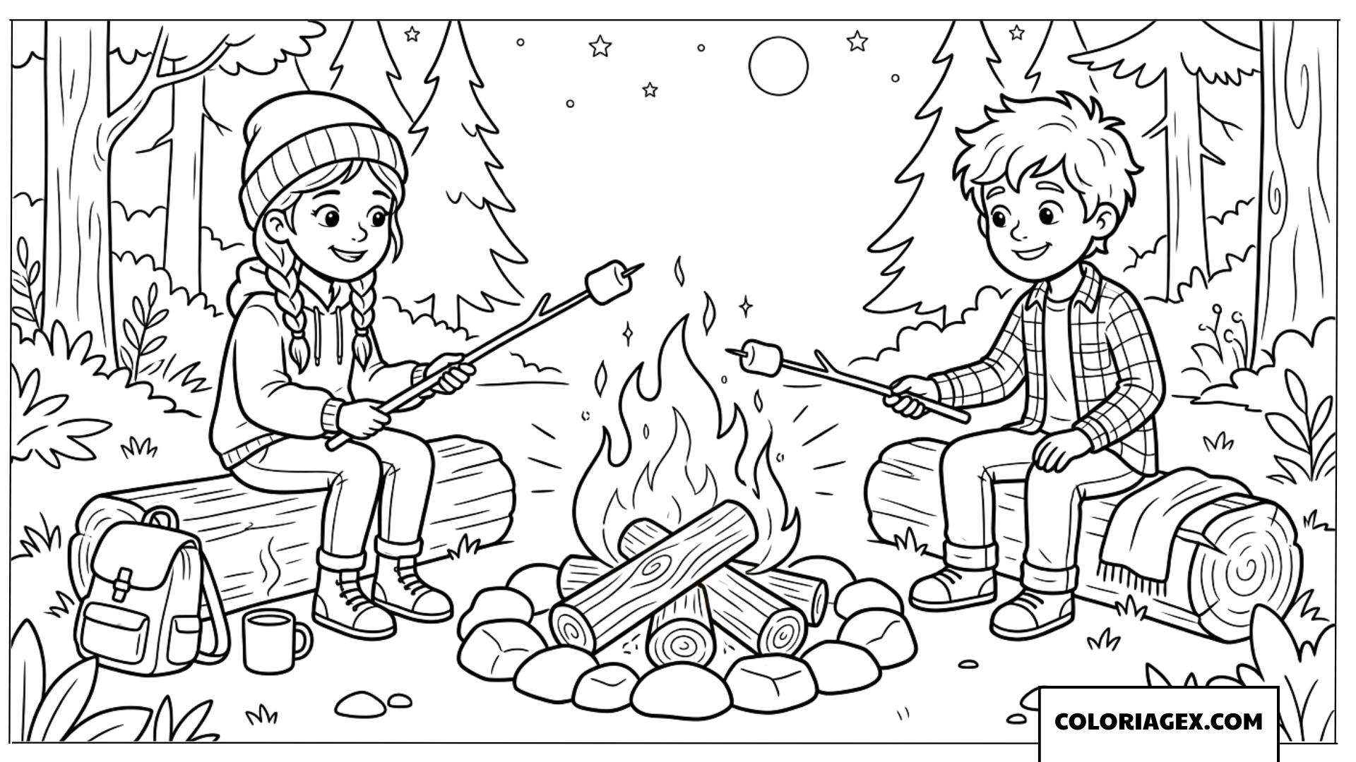 Coloriage de deux enfants faisant griller des guimauves
