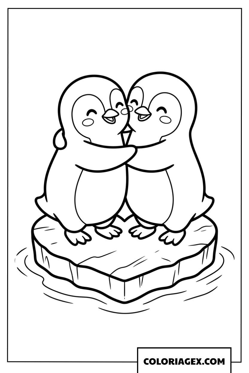 Coloriage de deux pingouins qui s embrassent sur la glace