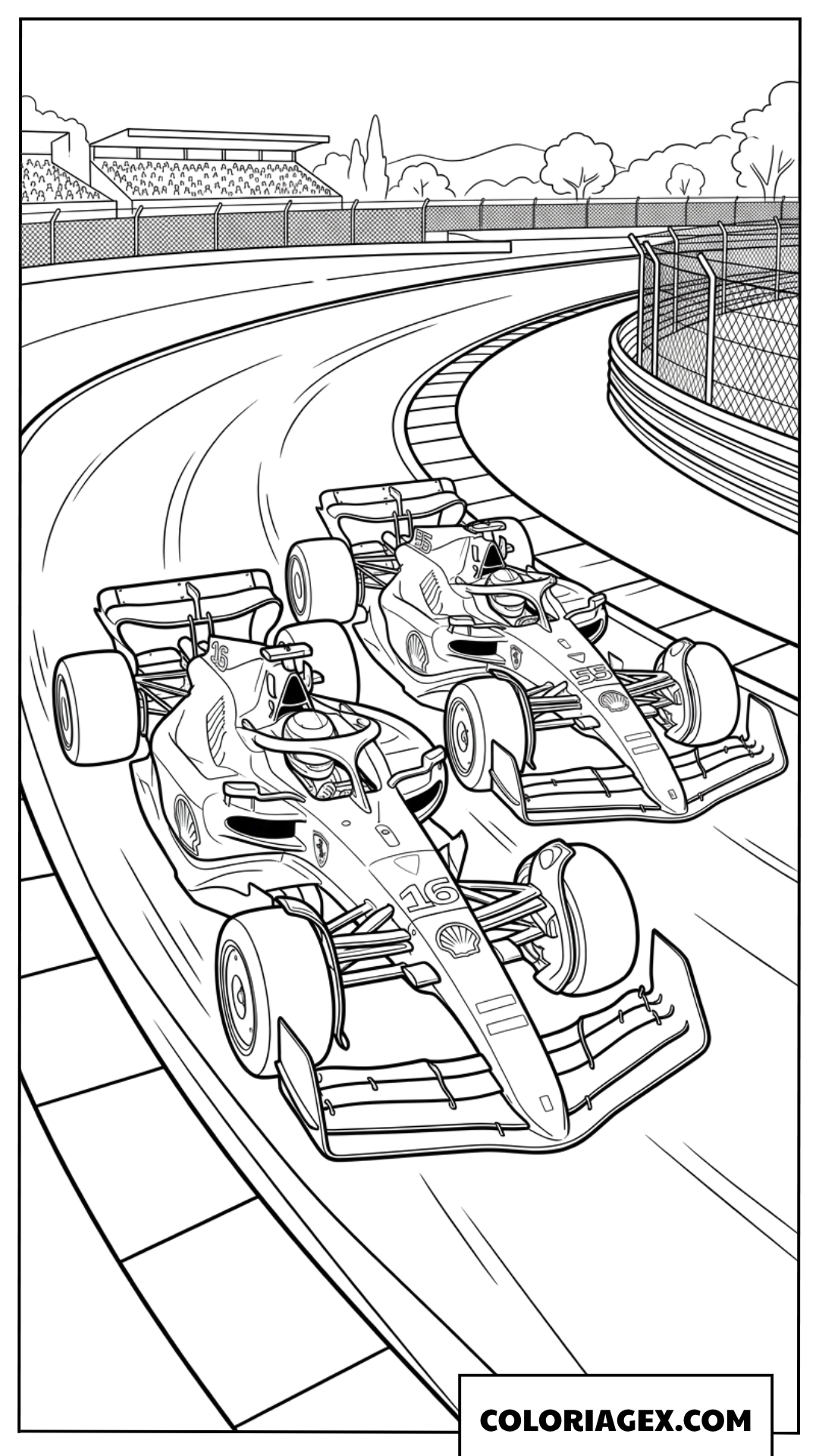 Coloriage de deux voitures Ferrari F1 en pleine course