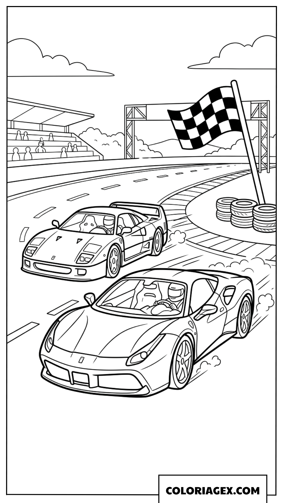 Coloriage de deux voitures Ferrari en course sur piste
