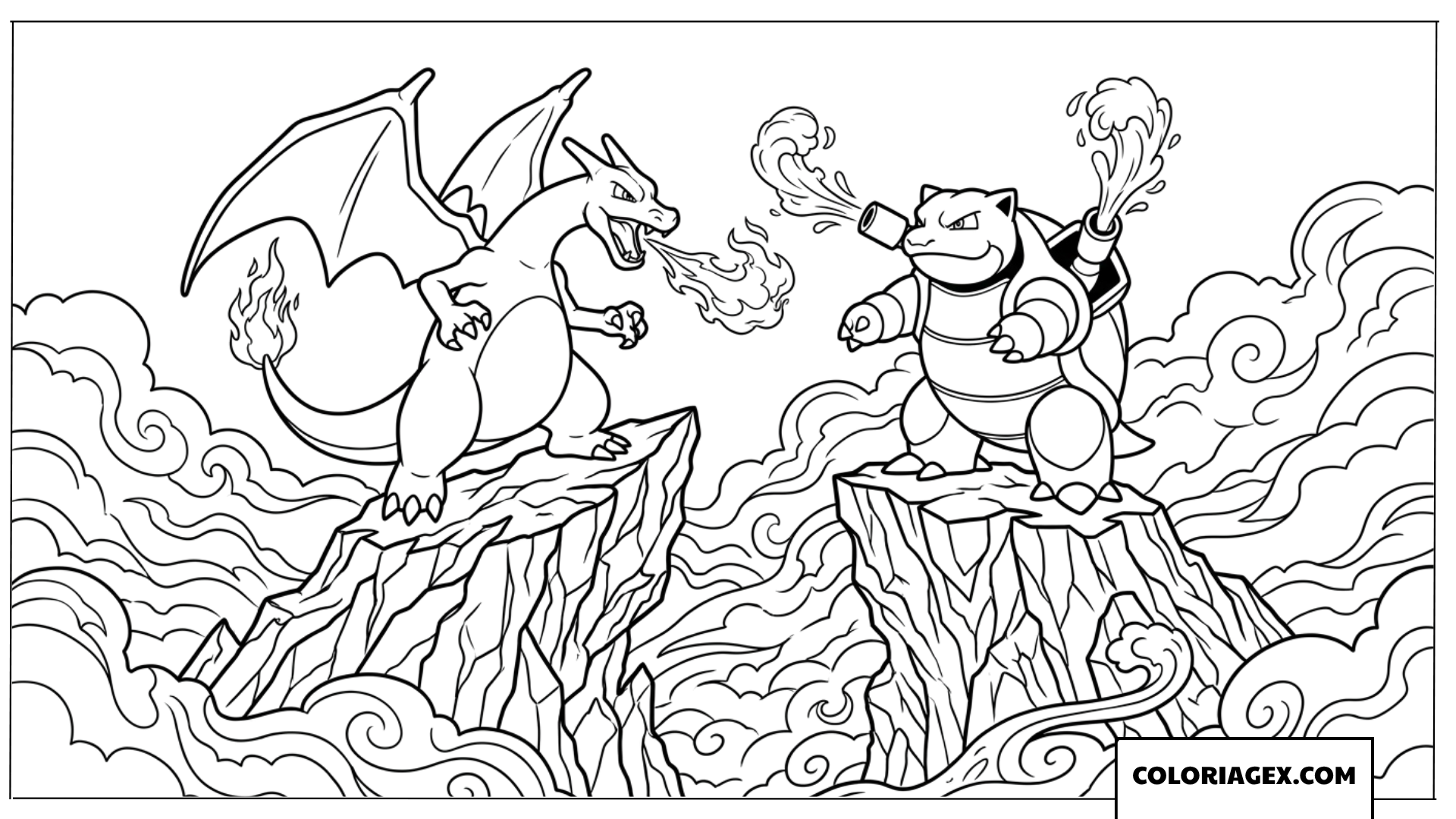 Coloriage de duel epique entre Charizard et Blastoise