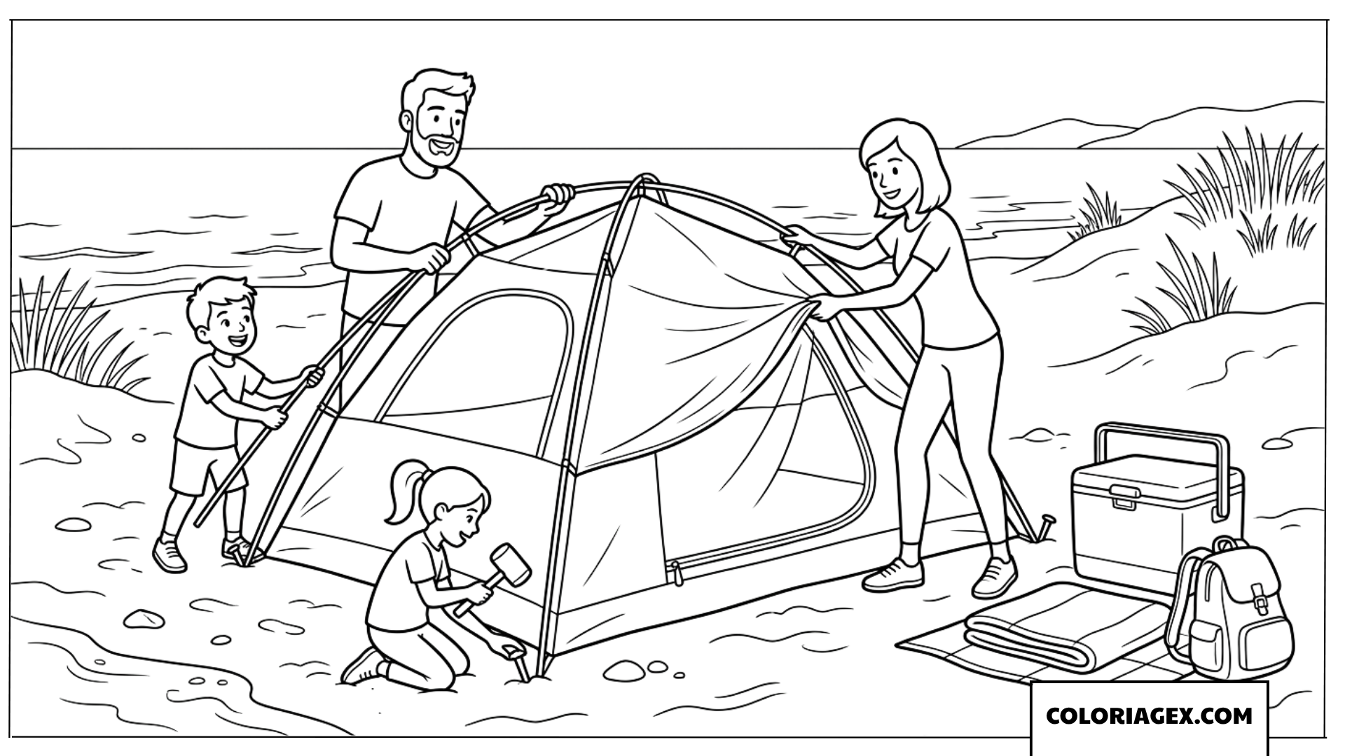 Coloriage de famille qui monte une tente sur la plage