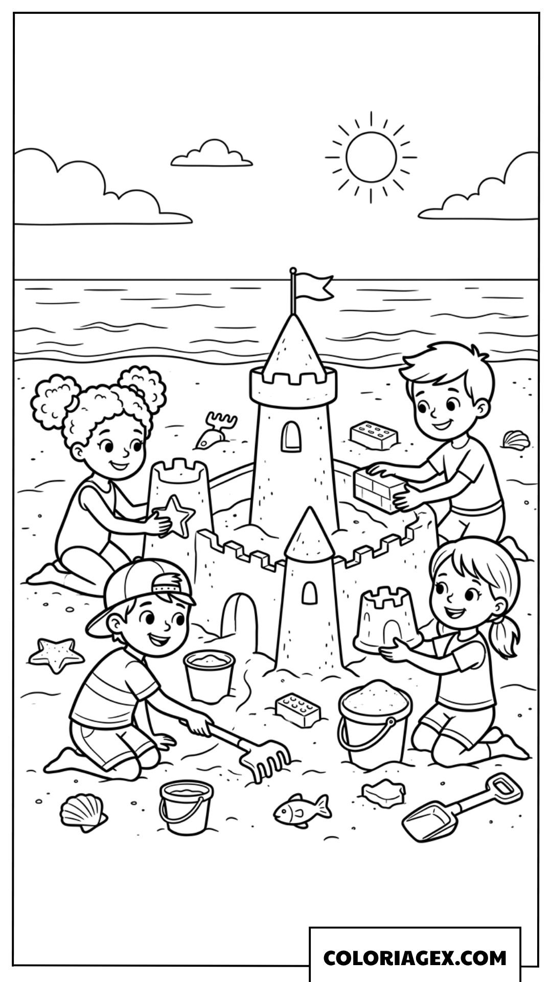Coloriage de groupe denfants construisant un chateau de sable