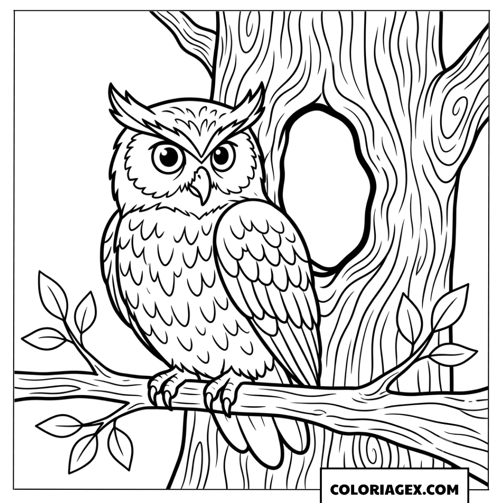 Coloriage de hibou perche sur une branche d'arbre