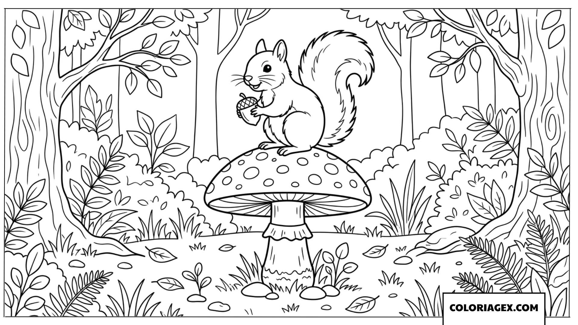 Coloriage de joyeux ecureuil assis sur un champignon