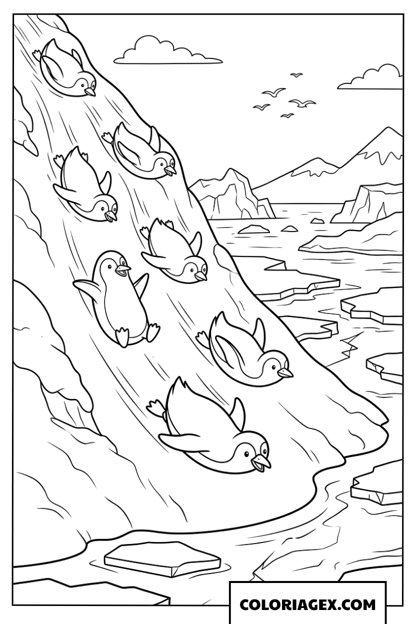 Coloriage de joyeux pingouins glissant sur une colline enneigee