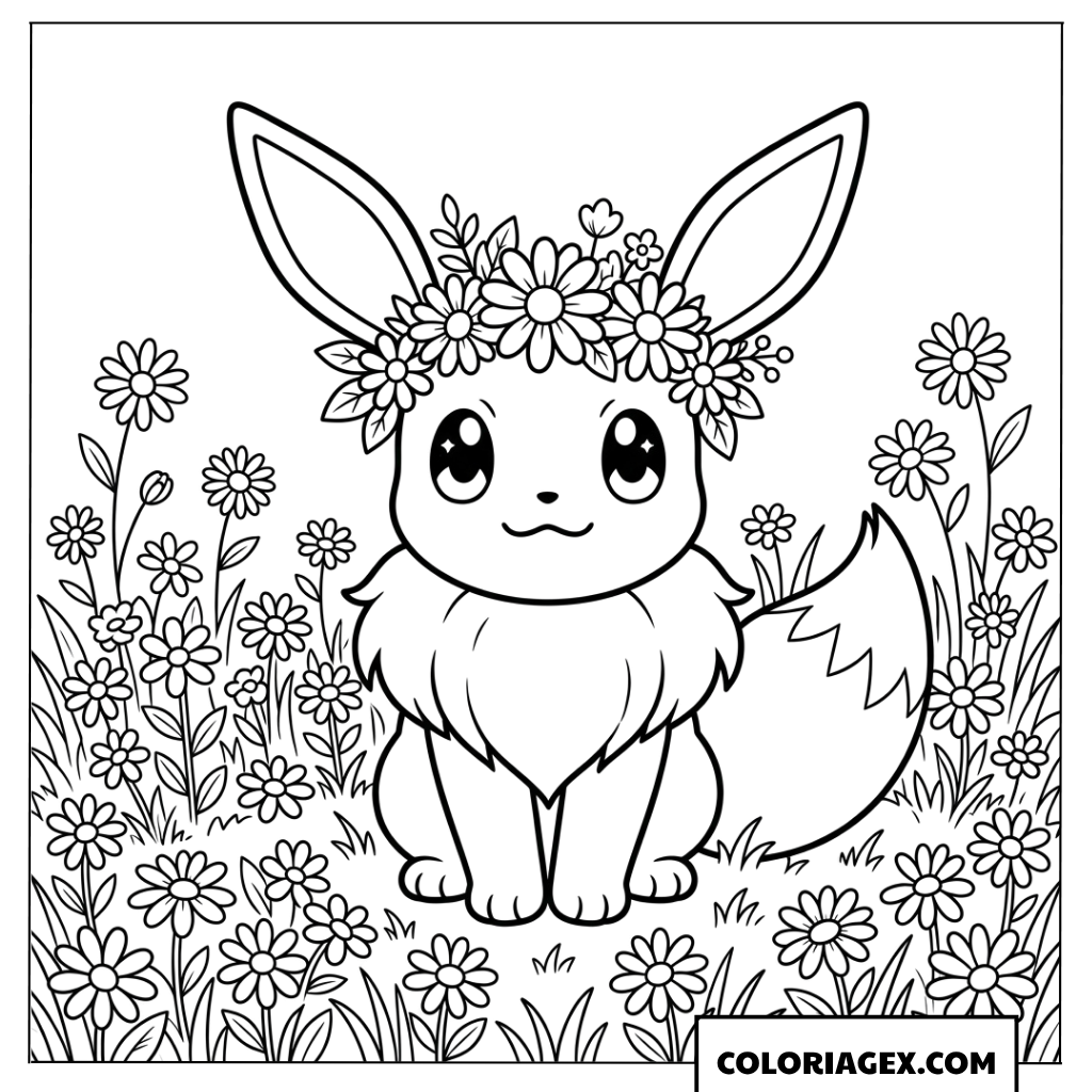Coloriage de l adorable Pokemon Evoli avec une couronne de marguerites