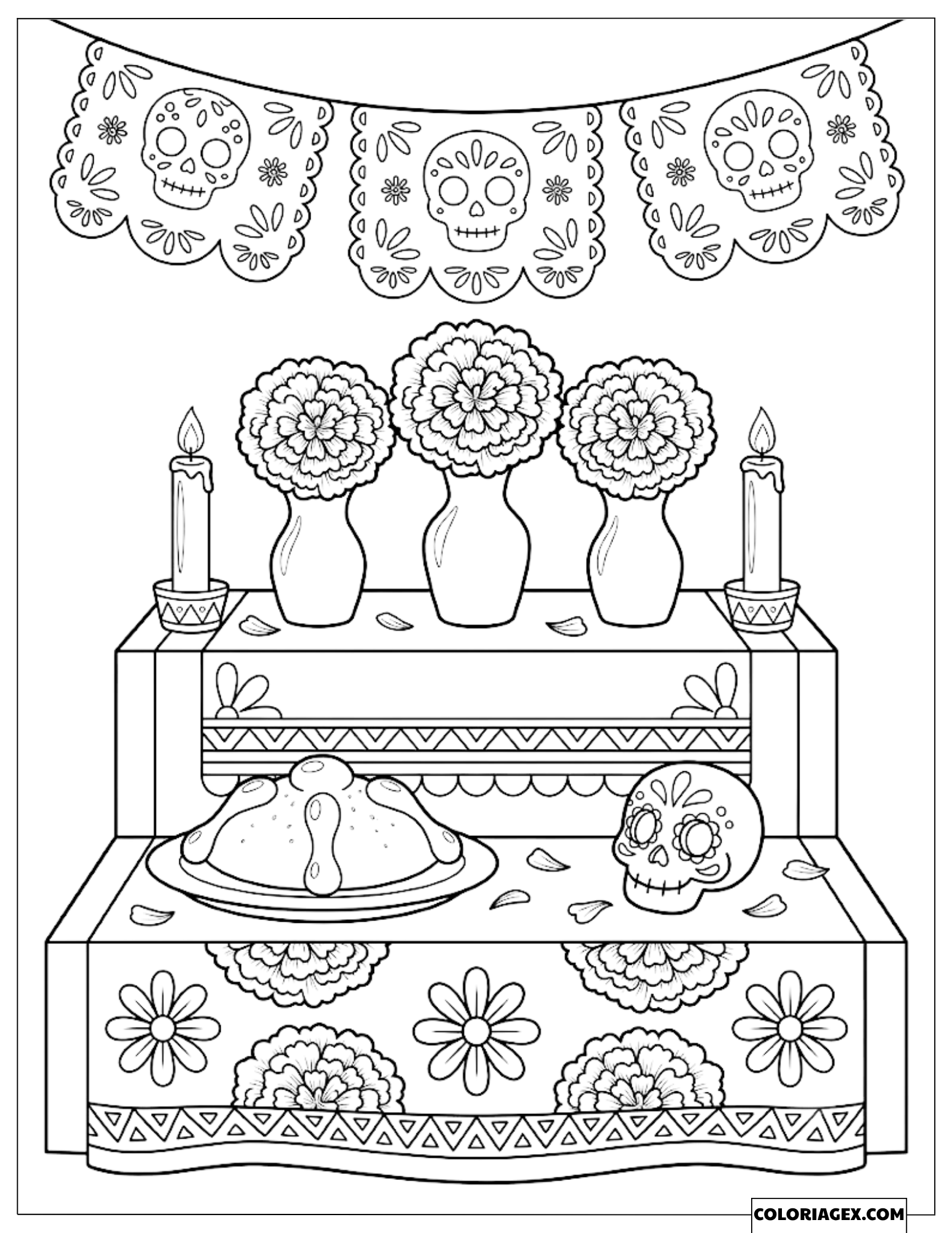 Coloriage de l'Autel du Jour des Morts décoré d'un Sugar Skull et de fleurs