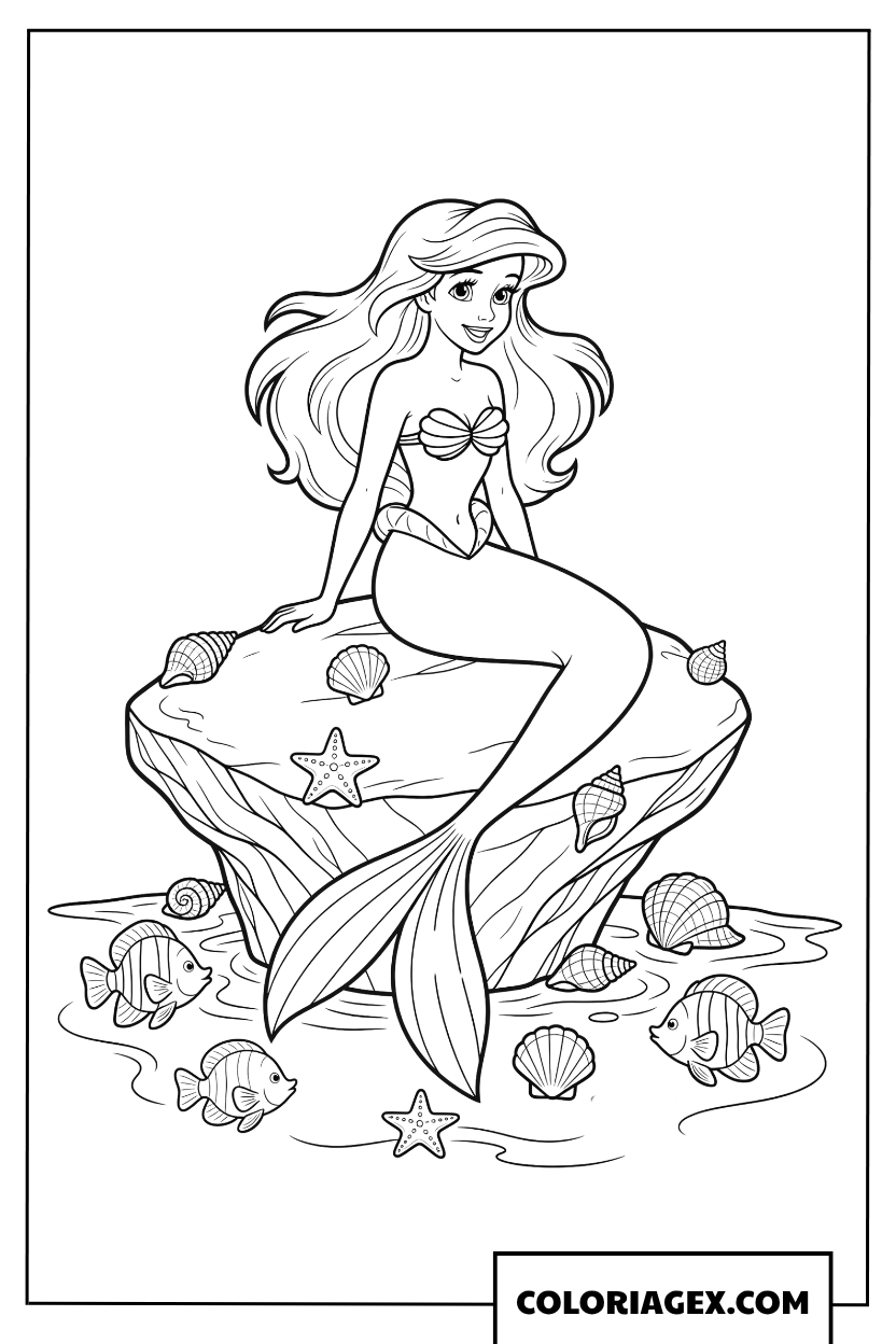 Coloriage de la petite sirene Ariel assise sur un rocher marin