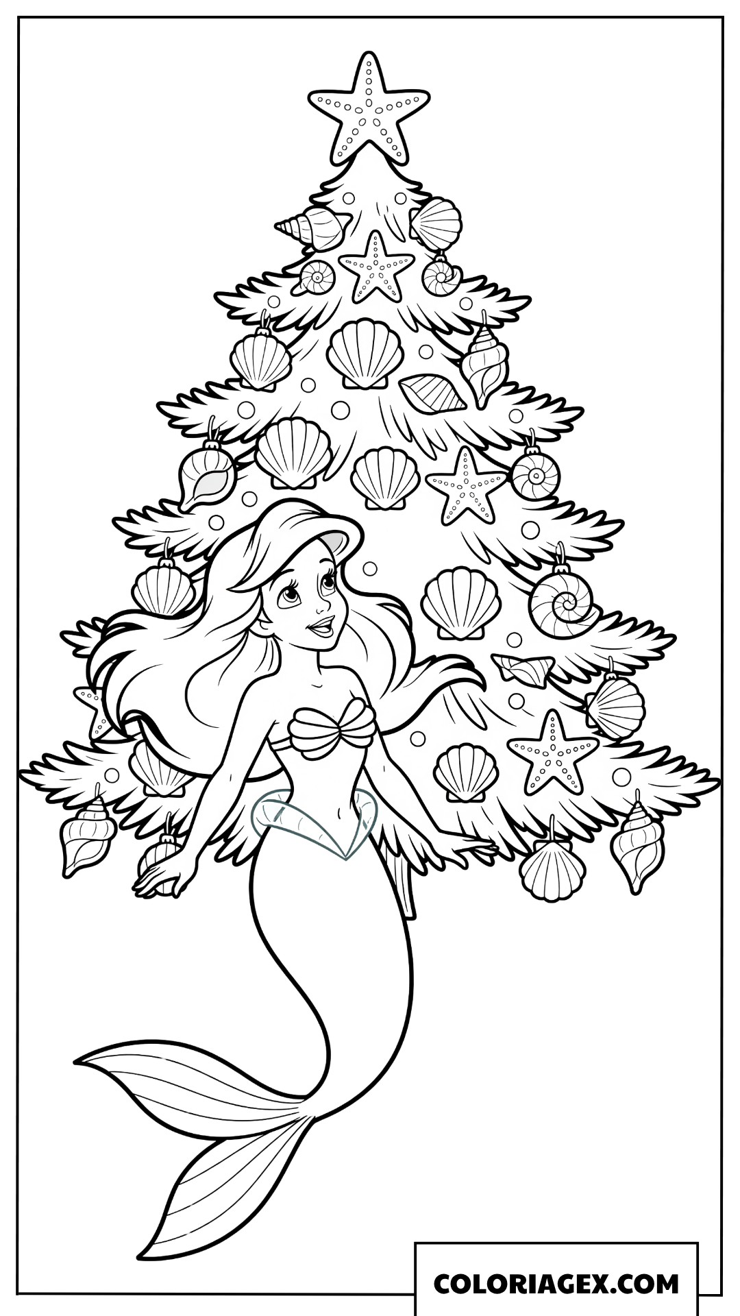 Coloriage de la petite sirene Ariel et son sapin de Noel
