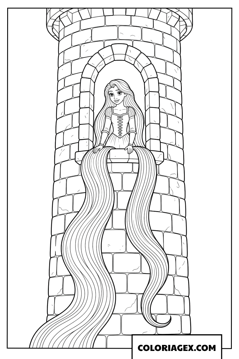 Coloriage de la princesse Raiponce avec ses longs cheveux sur la tour