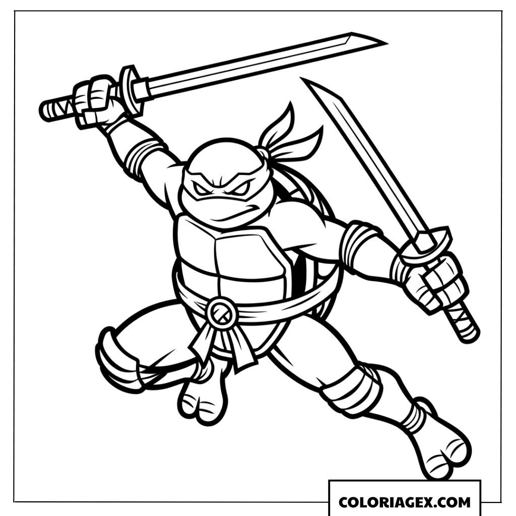 Coloriage de la tortue ninja brandissant ses deux sabres katanas