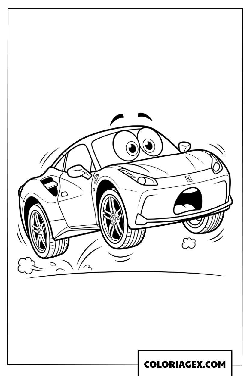 Coloriage de la voiture Ferrari sautante s'amusant en l'air