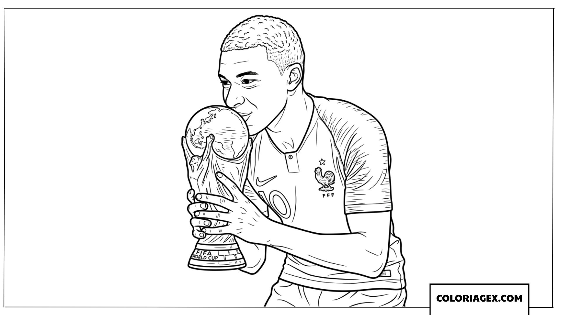 Coloriage de l'instant ou Mbappe embrasse le trophee de la Coupe du Monde