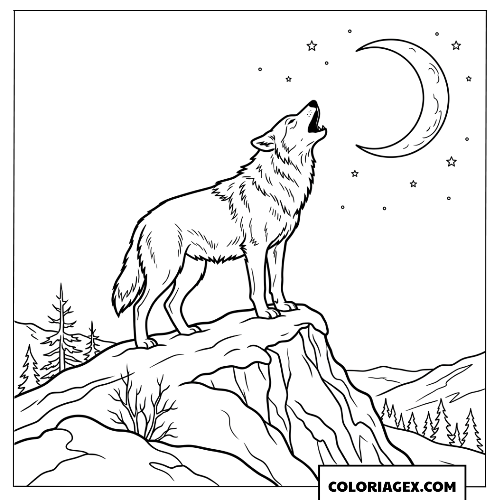Coloriage de loup solitaire hurlant sous un croissant de lune