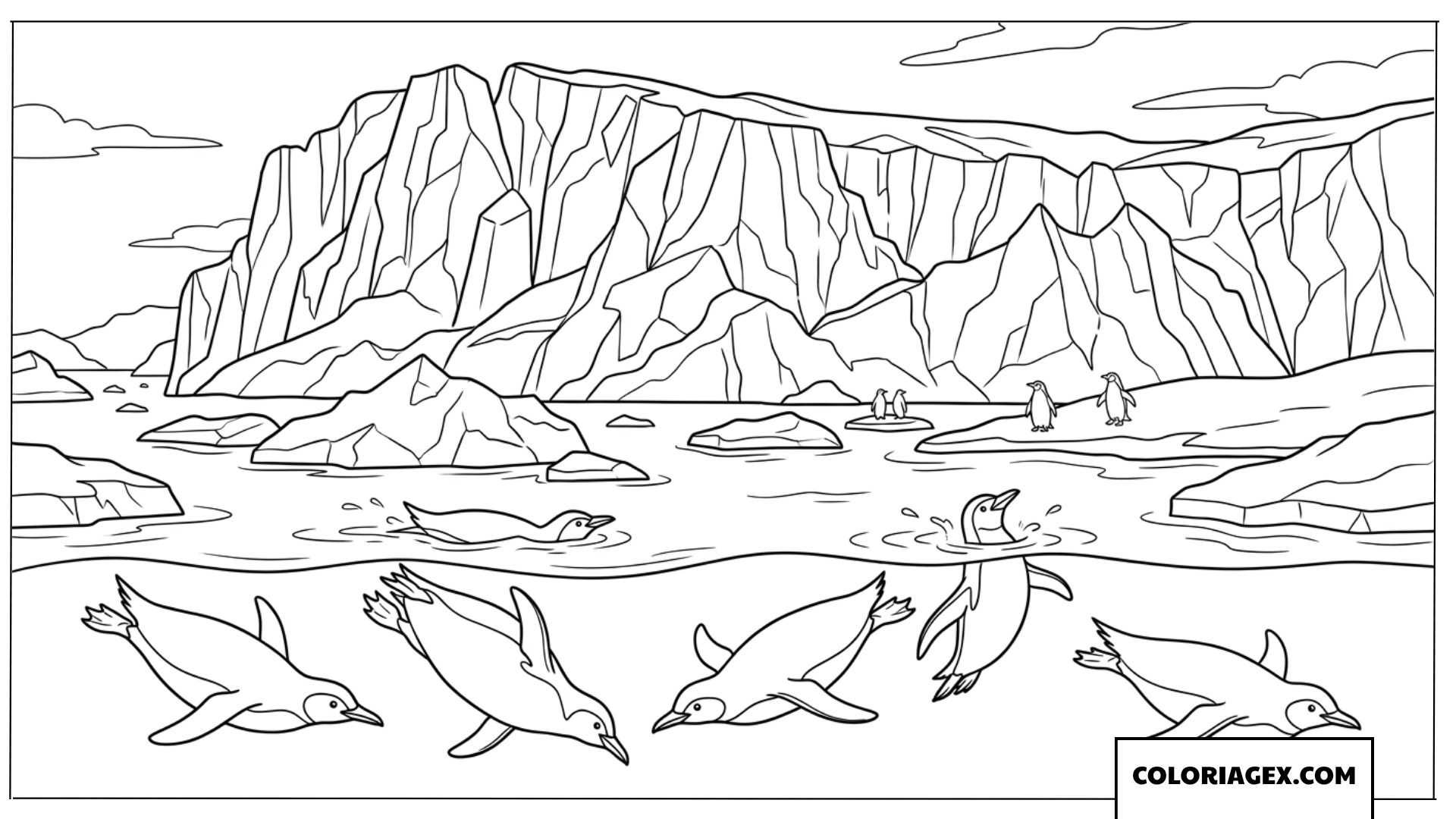 Coloriage de manchots nageant pres dun grand glacier